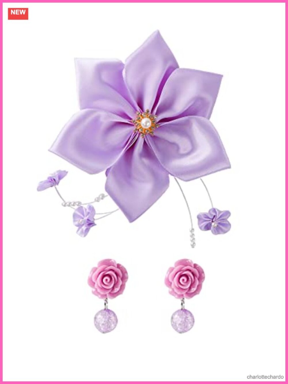 Purple Flower Hair Clip and Clip-On Earrings Set, Acrylic and Polyester,